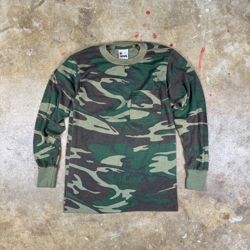 Vintage Signal Camouflage Long Sleeve Pocket Tee‎ Men's Small Green USA Made